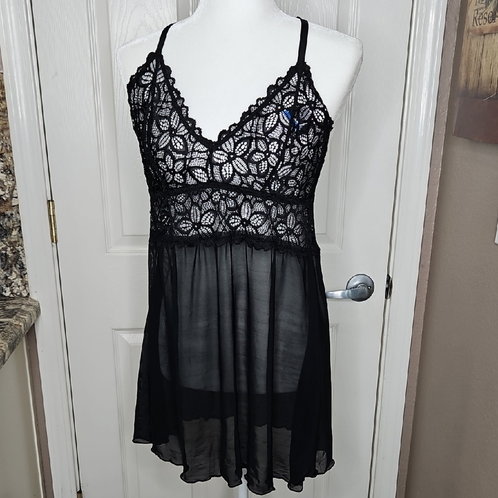 Jezebel Renee Babydoll Black Lace & Sheer Chemise